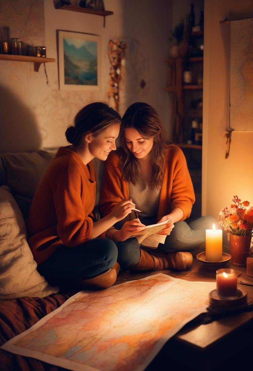 A couple in a cozy and intimate setting, surrounded by soft candlelight and warm decor, sharing a playful moment, hinting at adventure with a map and travel gear nearby. The atmosphere conveys romance and exploration, with flowers and heart motifs subtly integrated. Make sure the colors are warm and inviting. painting. vibrant colors. soft focus.