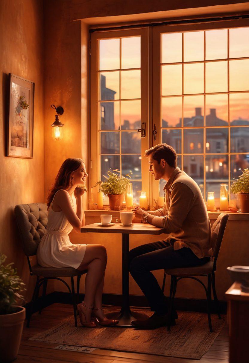 A romantic scene depicting a couple engaging in flirtatious conversation over coffee in a cozy café, surrounded by soft candlelight and intimate decor. Include playful body language, sparkling eyes, and subtle gestures that convey chemistry and connection. The background should feature soft, warm colors and hints of a vibrant city nightlife outside the window. artistic illustration. warm tones. intimate atmosphere.