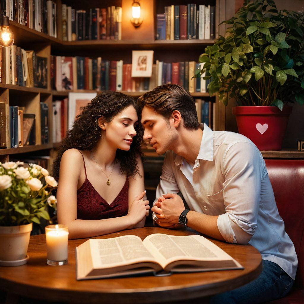 A couple passionately engaged in a deep conversation, surrounded by symbols of love such as hearts and flowers. An inviting atmosphere with warm lighting and cozy textures, representing intimacy and connection. Subtle hints of personal growth like books and plants in the background. The scene conveys a sense of warmth, understanding, and passion. super-realistic. vibrant colors. romantic atmosphere.